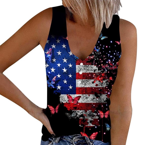 4th Of July Outfits Women American Flag Themed Print Tank Tops Ribbed Button Up Independence Day Festive Clothes (S, Black)