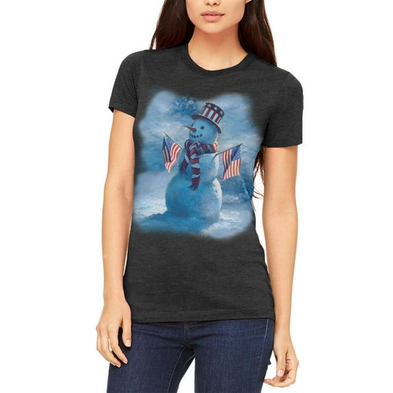 4th Of July Patriotic Snowman Juniors Soft T Shirt Heather Black LG