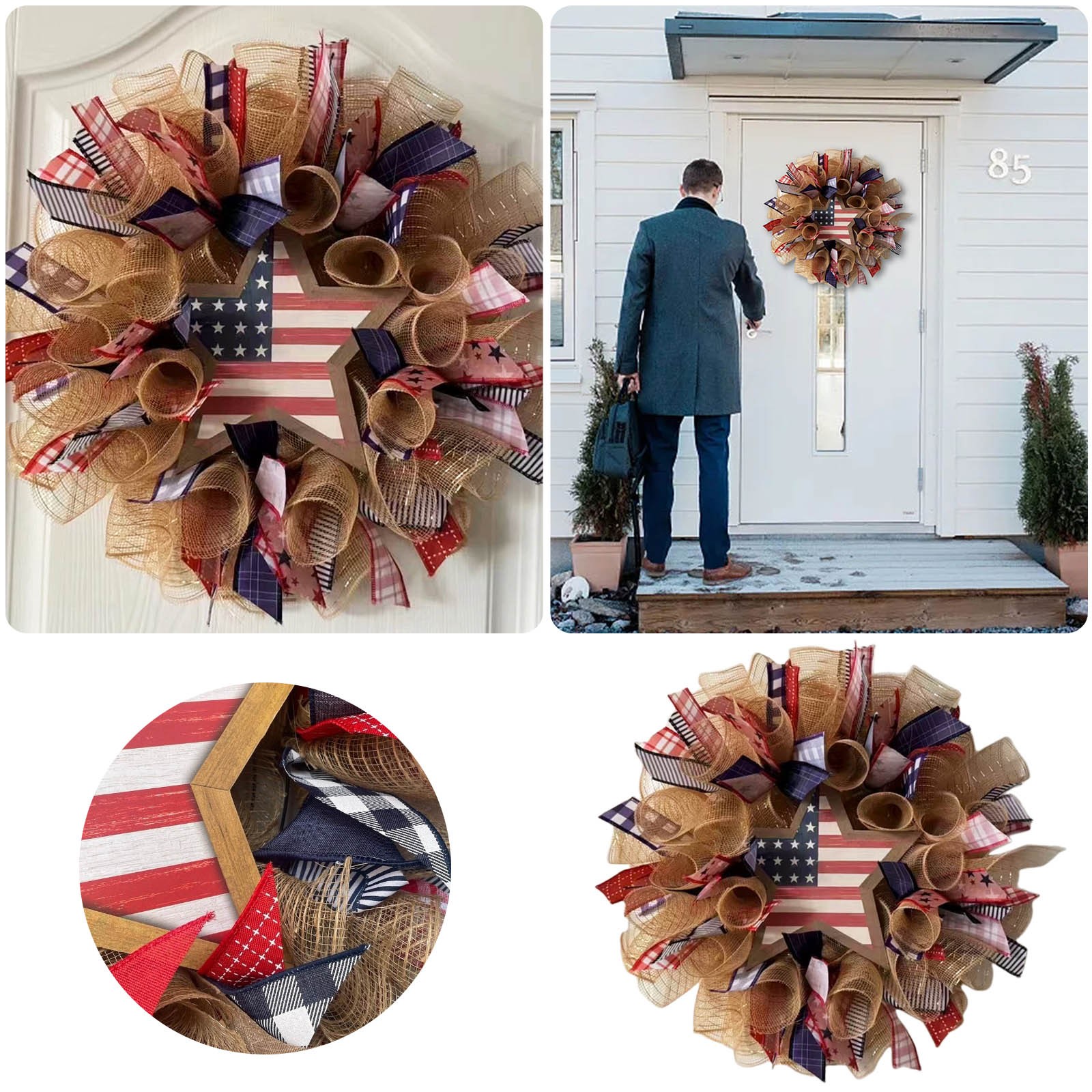 4th Of July Patriotic Wreath Memorial Day Garland For Front Door Red White And Blue Flag Wreath