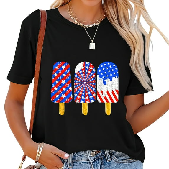 4th Of July Popsicle Red White Blue American Flag Short Sleeve Graphic T-Shirt Women's Fashion Tops