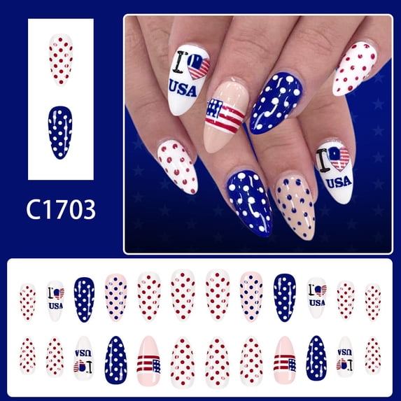 4th Of July Press On Nails 24Pcs Patriotic Flag Fake Nails Short Glue On Nails For Independence Day Decor
