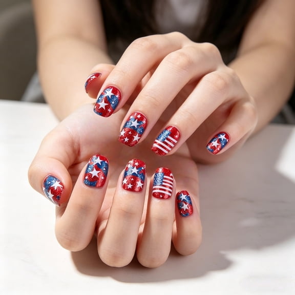 4th Of July Press On Nails Patriotic Red Blue Glitter Fake Nails Star Spangled Short False Nails Set Independence Day Removable Nail Tips 24pc