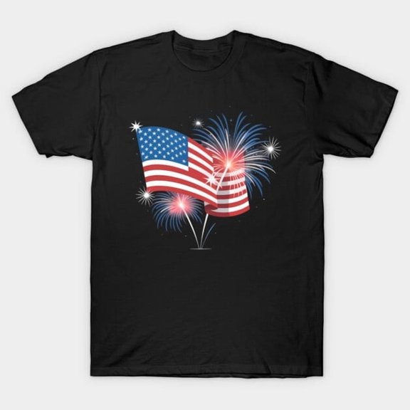 4th Of July Red White And Blue Fireworks Show USA Flag Artwork Print, H6820 T-Shirt, for Men and Women, Up to Size 5XL