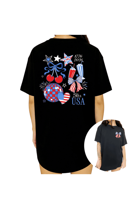 4th Of July Retro Patriotic Womens S-5XL USA Disco Ball Cherry Short Sleeve T-Shirt Black Tops
