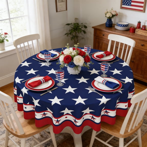 4th Of July Round Tablecloth 60 Inch, Patriotic Red White Blue Star Table Cover for Independence Day Memorial Day, Oil Resistant