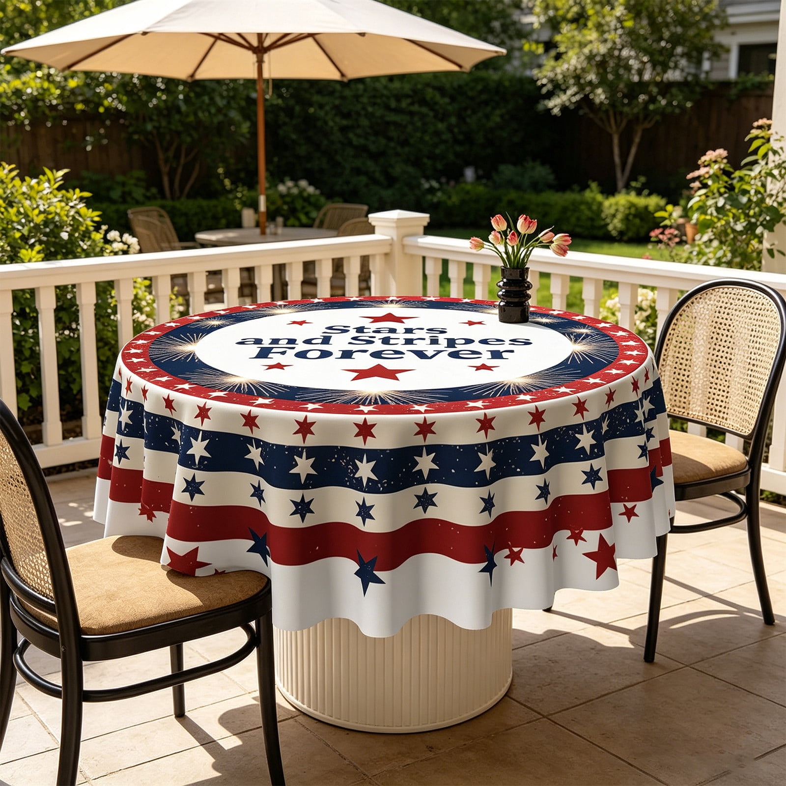 4th Of July Round Tablecloth Polyester Patriotic Star Table Cover ...