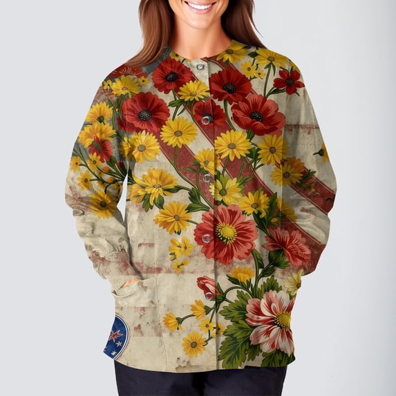 4th Of July Scrub Jackets for Women 250th Anniversary Usa Flag Print Medical Nurse Casual Crew Neck Long Sleeve Scrub Shirt