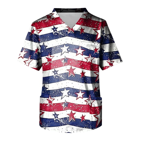 4th Of July Scrub Shirts for Men V-Neck Short Sleeve Patriotic Printed Daily Patriotic Tops Comfy Summer Casual Tees with Pockets,L,#01 Deep Red