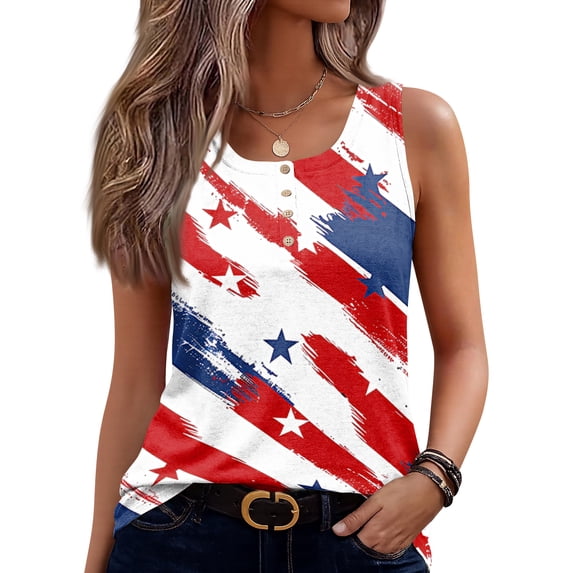 4th Of July Shirts for Women Stars and Stripes Print Sleeveless Scoop Neck Botton Down Tunics Celebration Soft Summer Workwear T-Shirts,M,#01 White