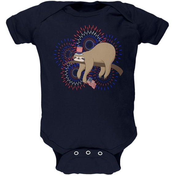 4th Of July Sloth Patriotic Cute Fireworks Soft Baby One Piece Navy 0-3 M