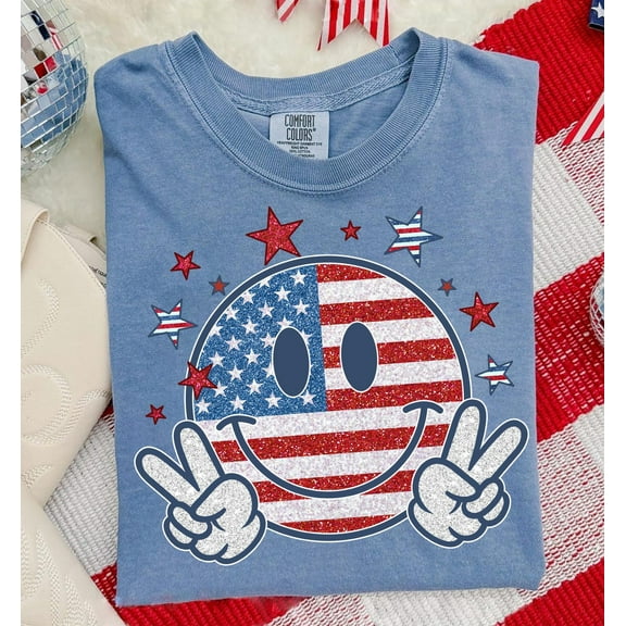 4th Of July Smiley Face Glitter Tshirt, 4th Of July Tshirt, Independence Day Tshirt, Stars and Stripes, Freedom, Peace Hand Sign Tshirt, Memorial Day