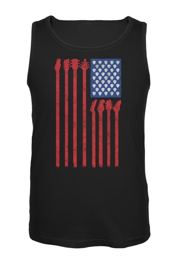 4th Of July Stars and Strings Guitar American Flag Black Adult Tank Top - Medium