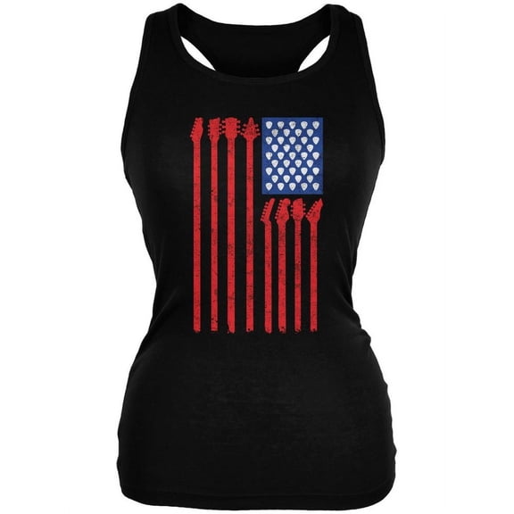 4th Of July Stars and Strings Guitar American Flag Black Juniors Soft Tank Top - Small