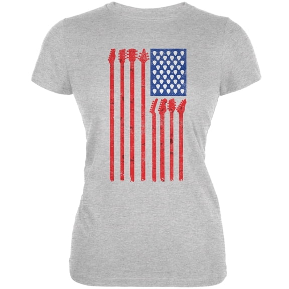 4th Of July Stars and Strings Guitar American Flag Heather Grey Juniors Soft T-Shirt - Medium