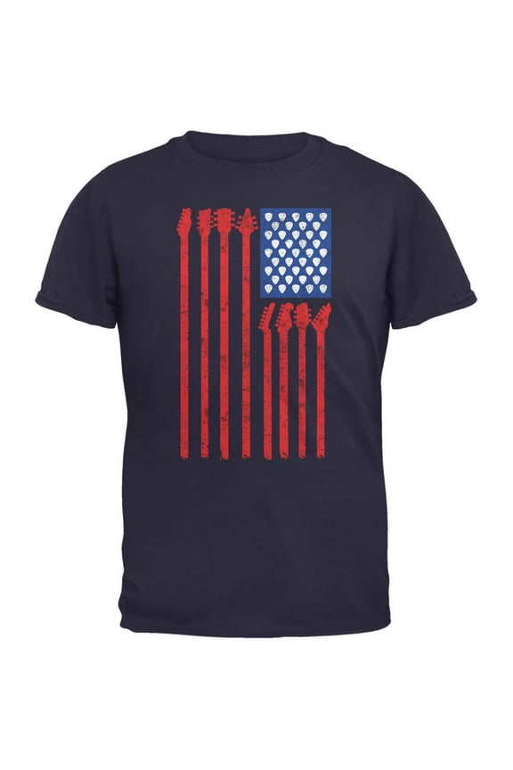 4th Of July Stars and Strings Guitar American Flag Navy Adult T-Shirt - Medium