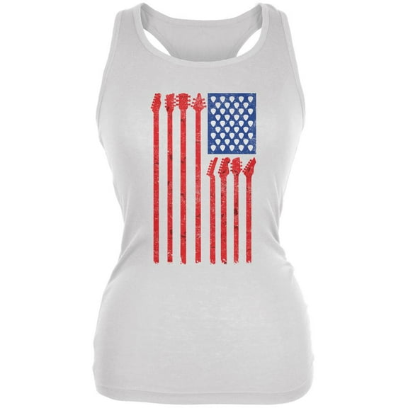 4th Of July Stars and Strings Guitar American Flag White Juniors Soft Tank Top - X-Large