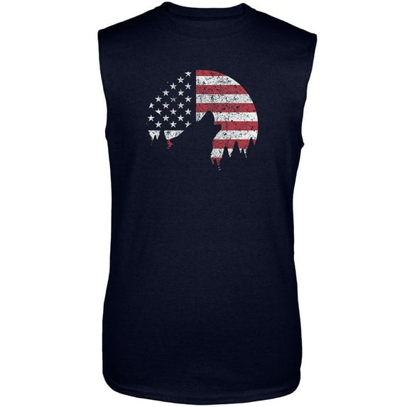 4th Of July Wolf Silhouette Flag Moon Mens Sleeveless Shirt Navy LG