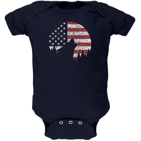 4th Of July Wolf Silhouette Flag Moon Soft Baby One Piece Navy 9-12 M
