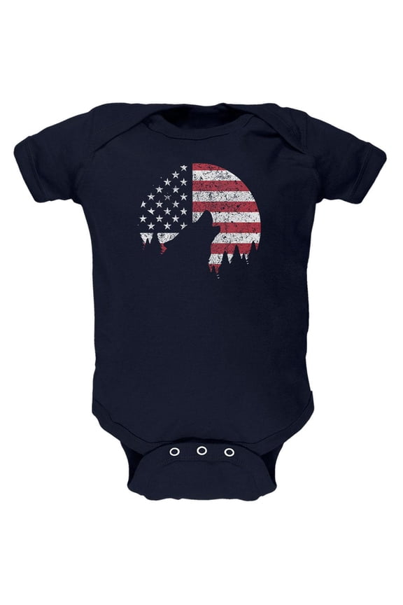 4th Of July Wolf Silhouette Flag Moon Soft Baby One Piece Navy 9-12 M