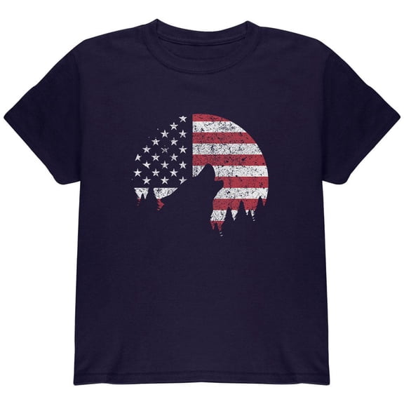 4th Of July Wolf Silhouette Flag Moon Youth T Shirt Navy YLG