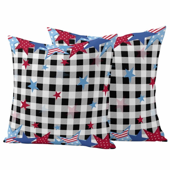 4th of Pillow Covers 2 Pack July Patriotic Independence Day American Flag Star Black White Plaid Pillowcase Waterproof Outdoor Throw Pillow Cover for Patio Garden Square Cushion 18”x18”