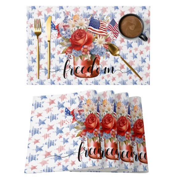 4th of Placemats Set of 4, July American Flag Patriotic Star Flowers Non-Slip Place Mats Washable Table Mats for Kitchen Dining Table Decorations Indoor/Outdoor