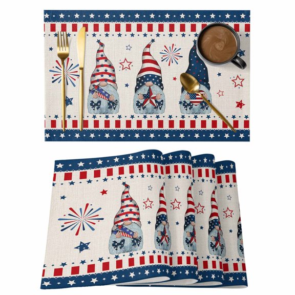 4th of Placemats Set of 4, July Gnome Red and Blue Patriotic Non-Slip Place Mats Washable Table Mats for Kitchen Dining Table Decorations Indoor/Outdoor