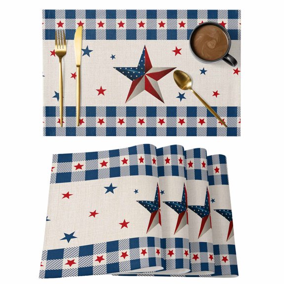 4th of Placemats Set of 4, July Patriot Red Texas Stars Blue Plaid Non-Slip Place Mats Washable Table Mats for Kitchen Dining Table Decorations Indoor/Outdoor