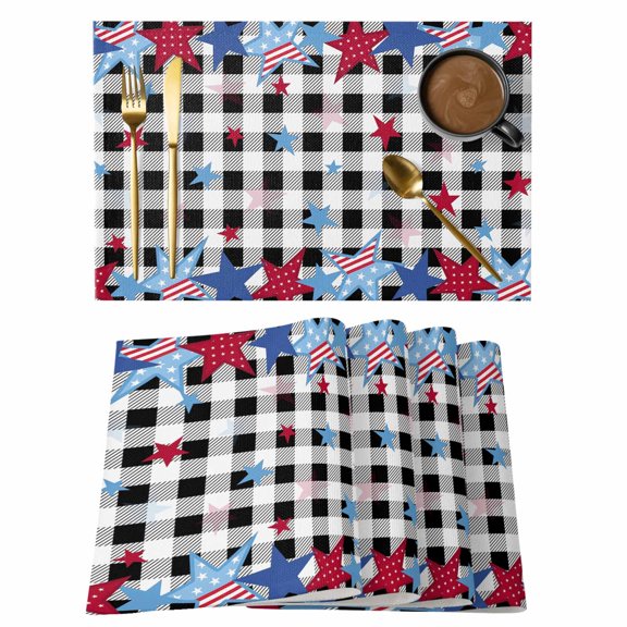 4th of Placemats Set of 4, July Patriotic Independence Day American Flag Star Black White Plaid Non-Slip Place Mats Washable Table Mats for Kitchen Dining Table Decorations Indoor/Outdoor