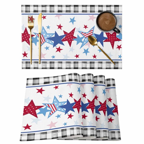 4th of Placemats Set of 4, July Patriotic Independence Day American Flag Star Black White Plaid Non-Slip Place Mats Washable Table Mats for Kitchen Dining Table Decorations Indoor/Outdoor