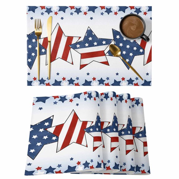 4th of Placemats Set of 4, July Patriotic Independence Day American Flag Stars Blue Non-Slip Place Mats Washable Table Mats for Kitchen Dining Table Decorations Indoor/Outdoor