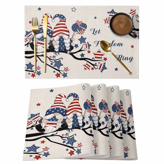 4th of Placemats Set of 4, July Patriotic Independence Day Gnome on USA Flag Star Tree Non-Slip Place Mats Washable Table Mats for Kitchen Dining Table Decorations Indoor/Outdoor
