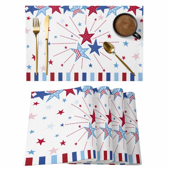 4th of Placemats Set of 4, July Patriotic Independence Day USA Flag Star Red Blue Stripe Non-Slip Place Mats Washable Table Mats for Kitchen Dining Table Decorations Indoor/Outdoor