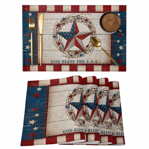 4th of Placemats Set of 4, July Patriotic Red and Blue Star Retro Non-Slip Place Mats Washable Table Mats for Kitchen Dining Table Decorations Indoor/Outdoor