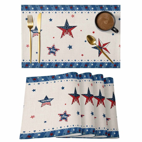 4th of Placemats Set of 4, July USA Flag Star Patriot Cotton Linen Non-Slip Place Mats Washable Table Mats for Kitchen Dining Table Decorations Indoor/Outdoor