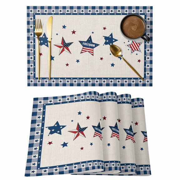 4th of Placemats Set of 4, July USA Flag Star Patriot Cotton Linen Non-Slip Place Mats Washable Table Mats for Kitchen Dining Table Decorations Indoor/Outdoor