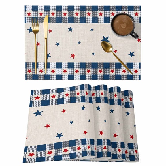 4th of Placemats Set of 4, July USA Flag Star Patriot Cotton Linen Non-Slip Place Mats Washable Table Mats for Kitchen Dining Table Decorations Indoor/Outdoor