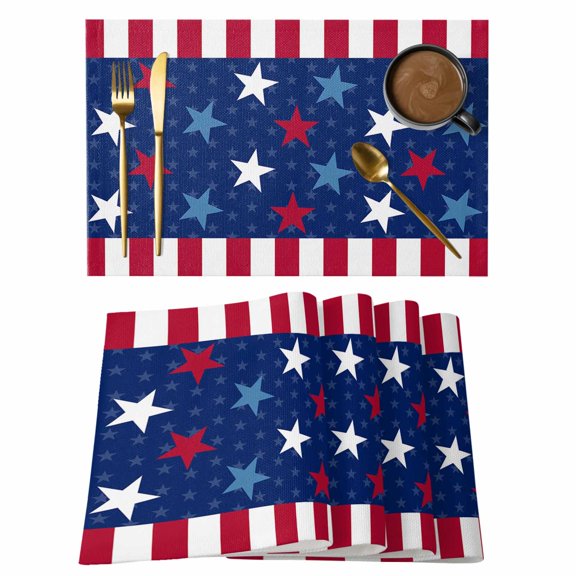 4th of Placemats Set of 4, July USA Flag Star Stripes Farmhouse Blue Red Non-Slip Place Mats Washable Table Mats for Kitchen Dining Table Decorations Indoor/Outdoor