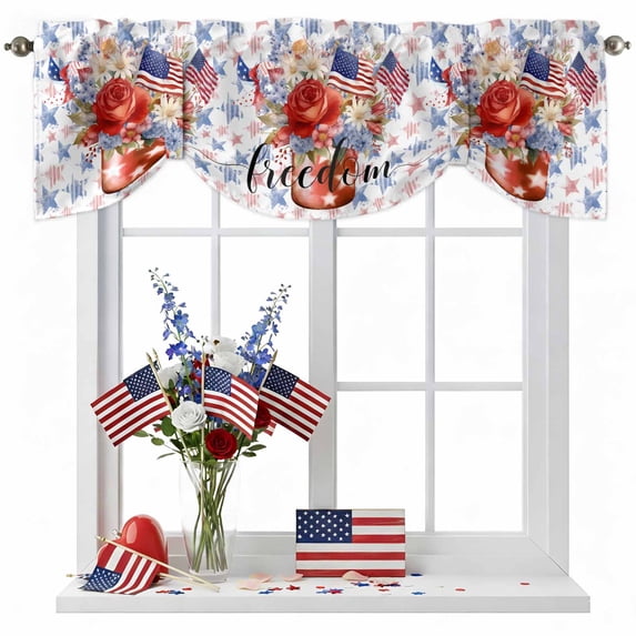 4th of Tie Up Valances Curtain, Adjustable Kitchen July American Flag Patriotic Star Flowers Valances for Windows Decor, Rod Pocket Short Curtains Set for Bedroom/Bathroom, 60"x18"