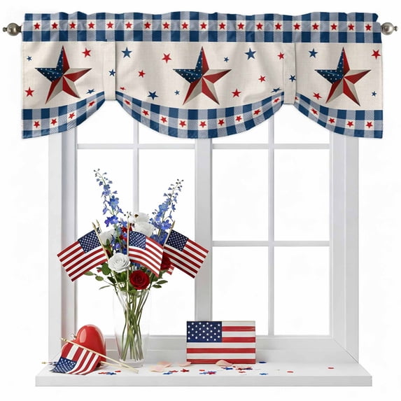 4th of Tie Up Valances Curtain, Adjustable Kitchen July Patriot Red Texas Stars Blue Plaid Valances for Windows Decor, Rod Pocket Short Curtains Set for Bedroom/Bathroom, 60"x18"