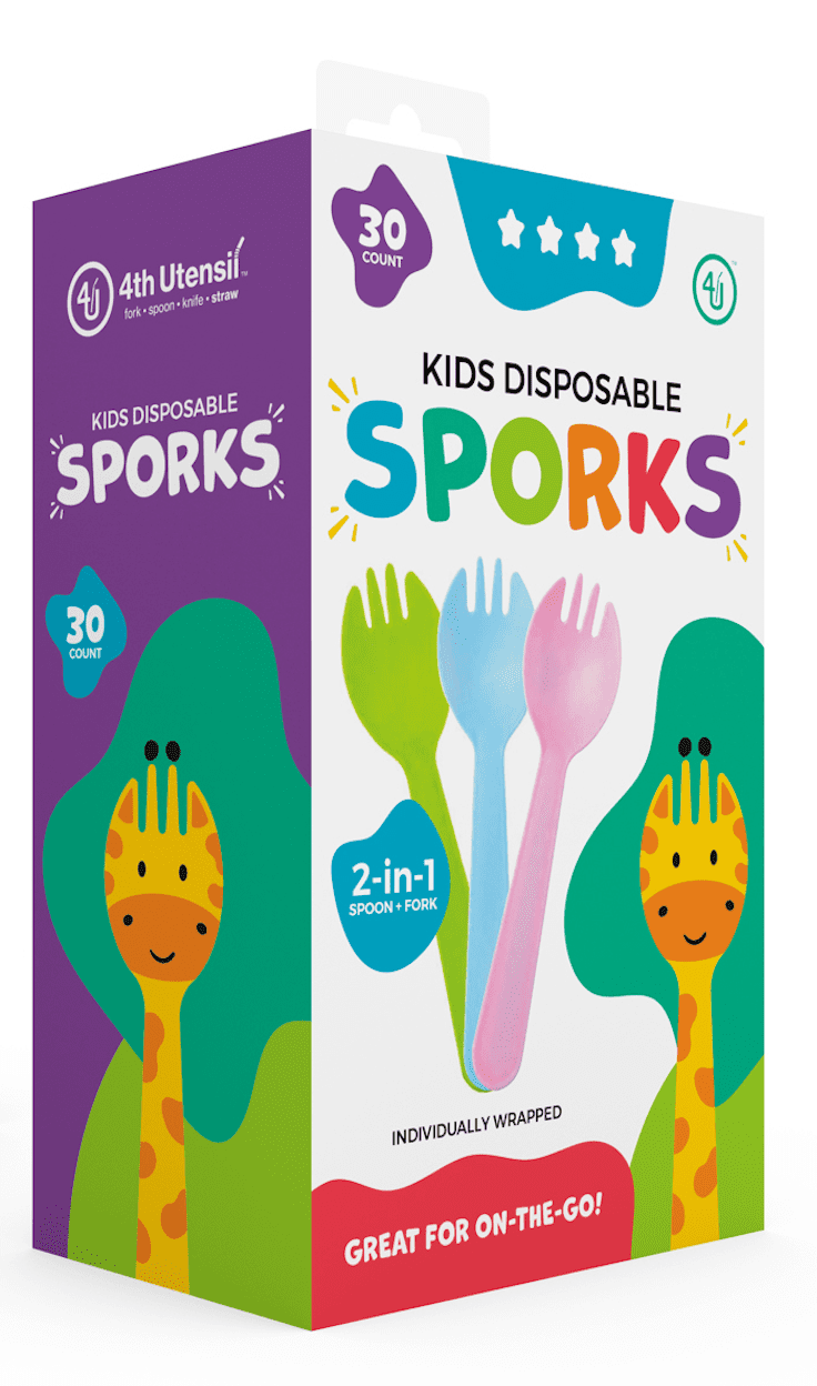 4th Utensil Kids Disposable Sporks, 30 Count, 3 Colors, Individually Wrapped