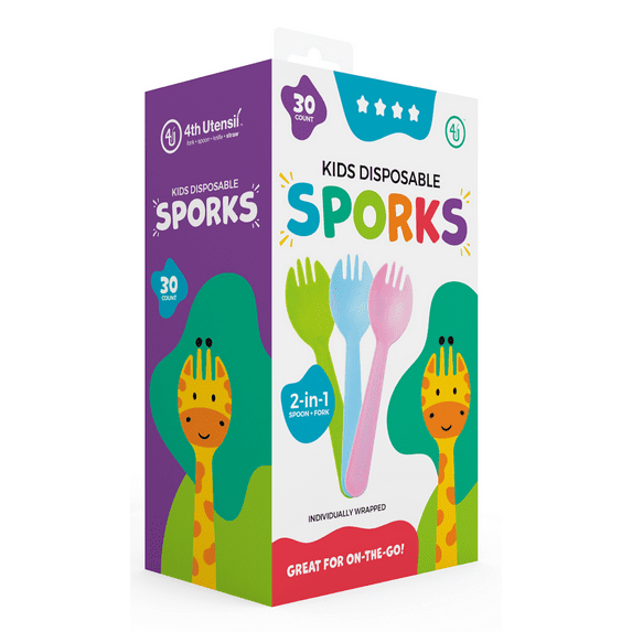 4th Utensil Kids Disposable Sporks, 30 Count, 3 Colors, Individually Wrapped