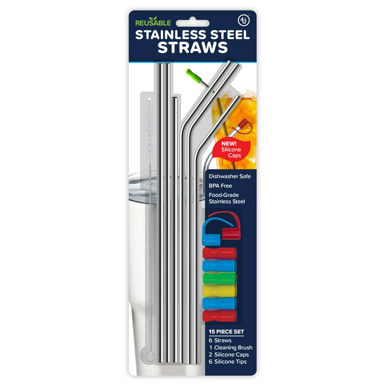 Ezprogear Stainless Steel Metal Straws 5.75 Short 8mm Wide w/Silicone Tips  (8 Pack)
