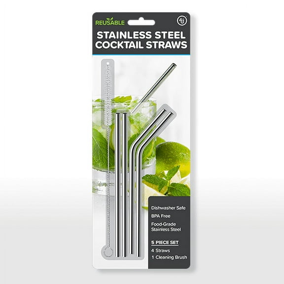 4th Utensil Reusable Stainless Steel Cocktail Straws + Cleaning Brush, Silver, 6 Inches, 4 pack