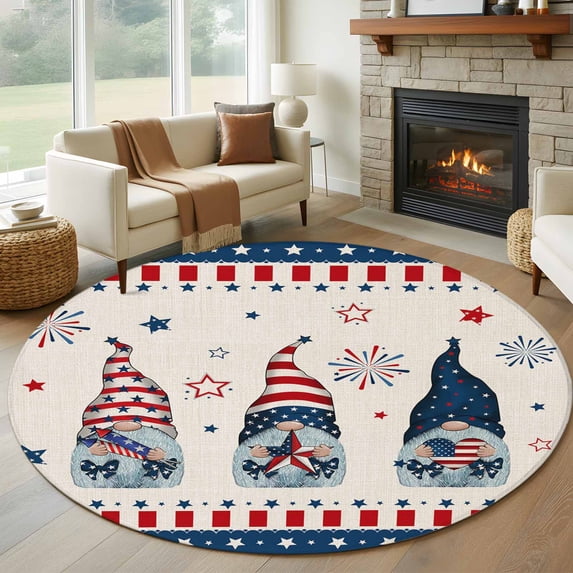 4th of Washable Round Area Rug 6 ft, July Gnome Red and Blue Patriotic, Soft Non Slip Rugs Stain Repellent Indoor Felt Carpet for Living Dining Room Bedroom Home Office