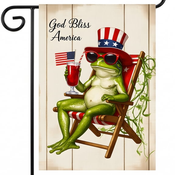 4th of july garden flag A frog sitting in a chair with a drink in his hand. God Bliss America house flags 28 x 40 double sided 28 x 40 In Large Flag patriotic decorations
