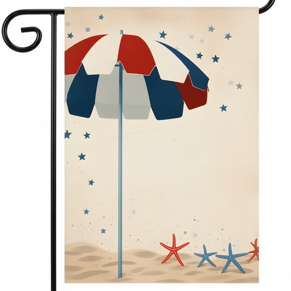 4th of july garden flag A red white and blue umbrella sitting on top of a sandy beach. * 250th usa anniversary 28 x 40" Standard Size outdoor decorations