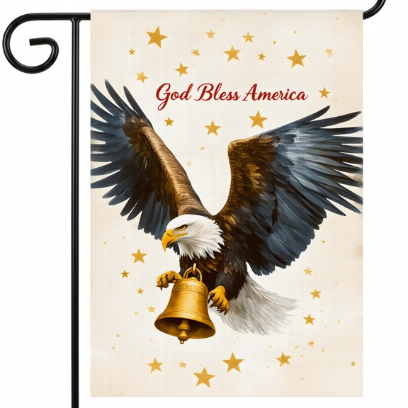 4th of july garden flags for outside A bald eagle flying with a bell in its talons. God Bless America 250th anniversary banner 28x40 Inch Display Size front porch decorations outdoor