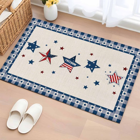 4th of 2'x3' Rug for Entryway Front Door Kitchen Sink Area, July USA Flag Star Patriot Cotton Linen Low Pile Washable Non Slip Rectangle Area Rug