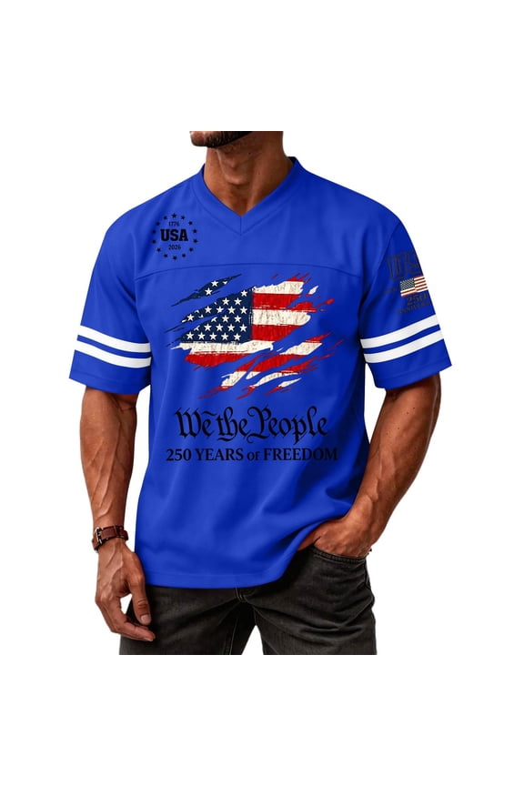 4th of July 250th Anniversary Patriotic Jersey Tee For Men USA Pride Flag Graphic V-Neck Short Sleeve Casual Top Blue L